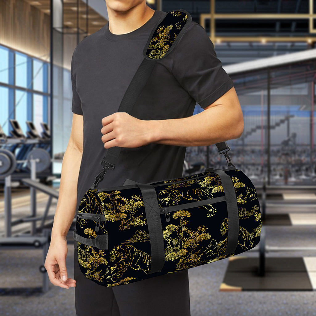 Black And Gold Japanese Tiger Print Gym Bag