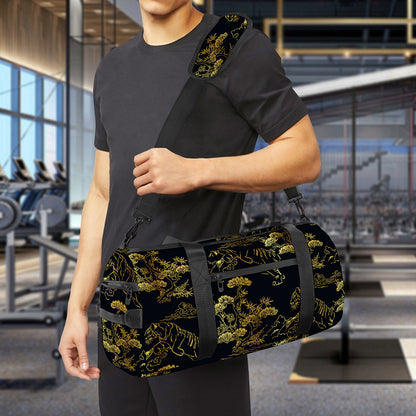 Black And Gold Japanese Tiger Print Gym Bag