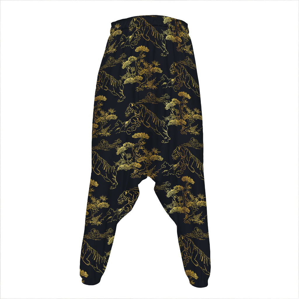 Black And Gold Japanese Tiger Print Hammer Pants