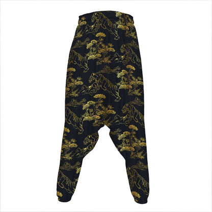 Black And Gold Japanese Tiger Print Hammer Pants