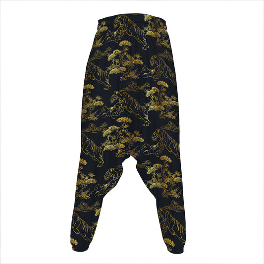 Black And Gold Japanese Tiger Print Hammer Pants