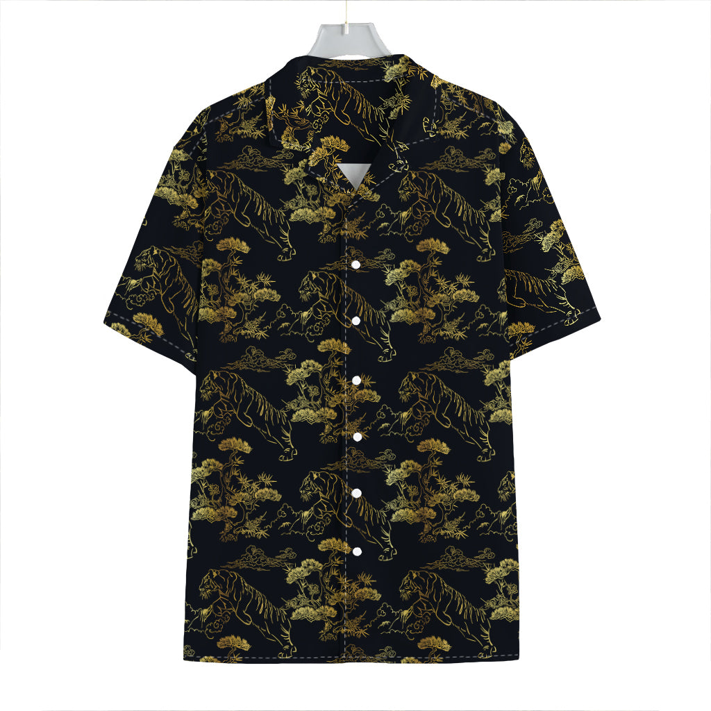 Black And Gold Japanese Tiger Print Hawaiian Shirt