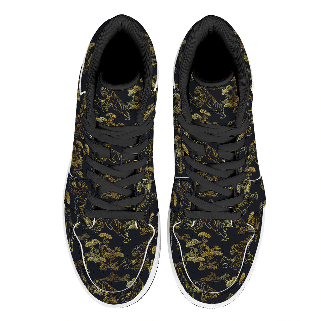 Black And Gold Japanese Tiger Print High Top Leather Sneakers