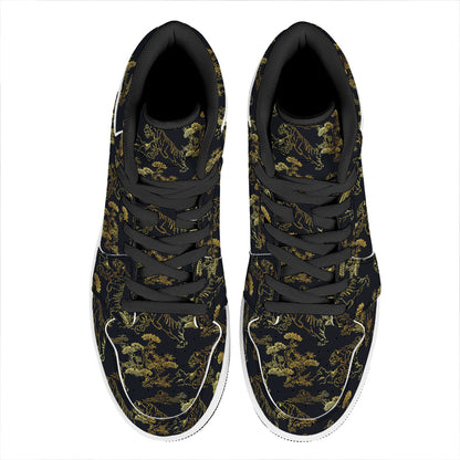 Black And Gold Japanese Tiger Print High Top Leather Sneakers