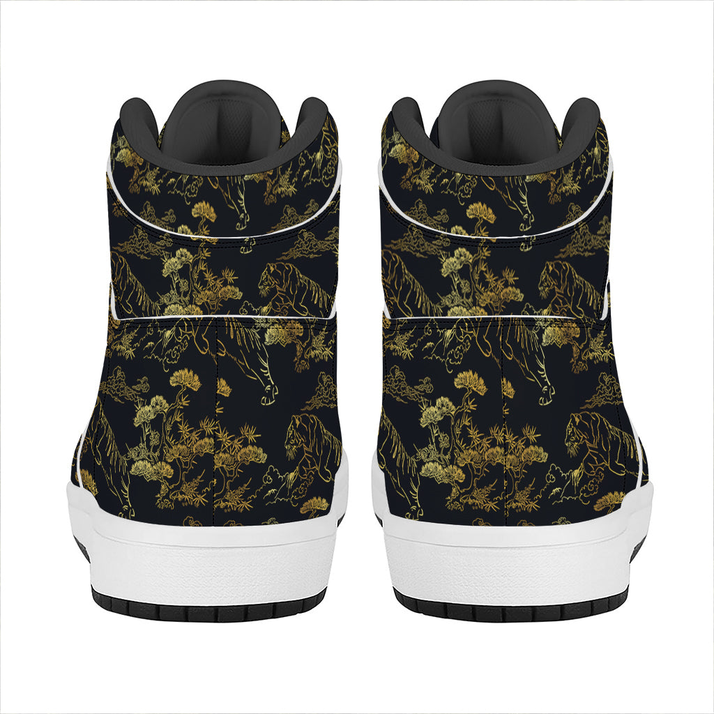 Black And Gold Japanese Tiger Print High Top Leather Sneakers