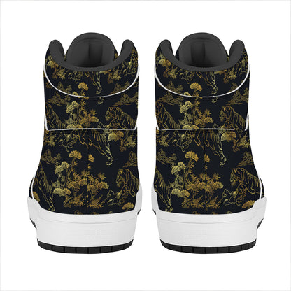 Black And Gold Japanese Tiger Print High Top Leather Sneakers