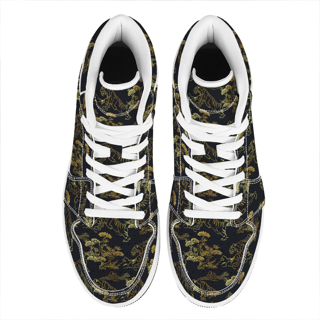 Black And Gold Japanese Tiger Print High Top Leather Sneakers