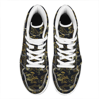 Black And Gold Japanese Tiger Print High Top Leather Sneakers