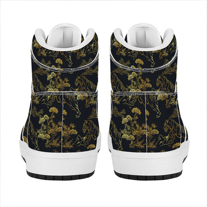 Black And Gold Japanese Tiger Print High Top Leather Sneakers