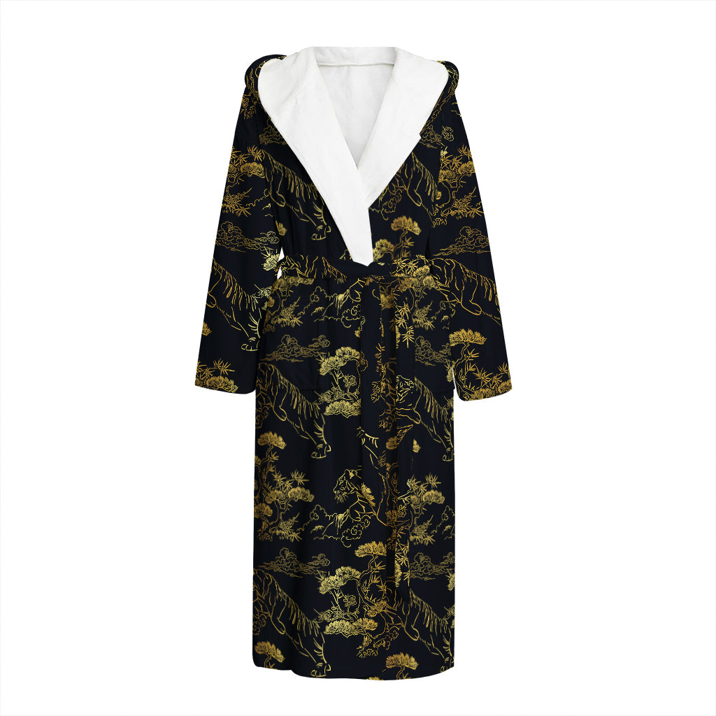 Black And Gold Japanese Tiger Print Hooded Bathrobe