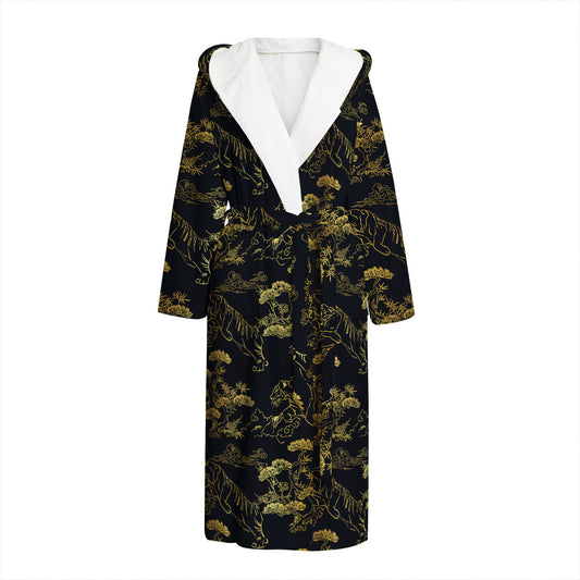 Black And Gold Japanese Tiger Print Hooded Bathrobe