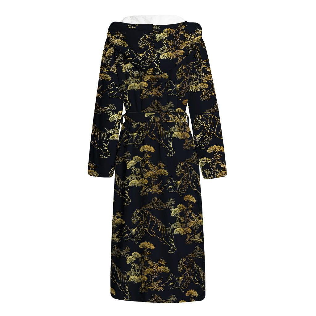 Black And Gold Japanese Tiger Print Hooded Bathrobe