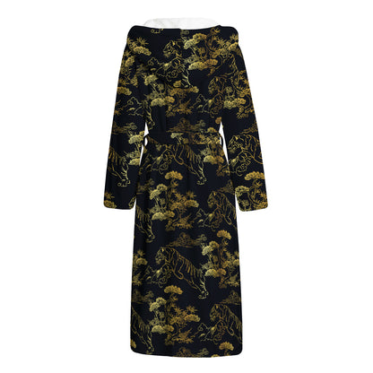 Black And Gold Japanese Tiger Print Hooded Bathrobe