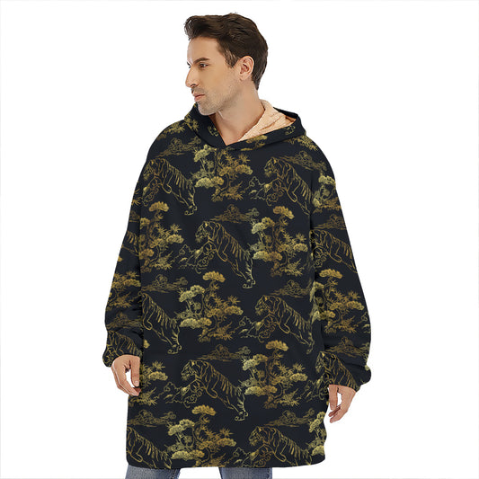 Black And Gold Japanese Tiger Print Hoodie Blanket