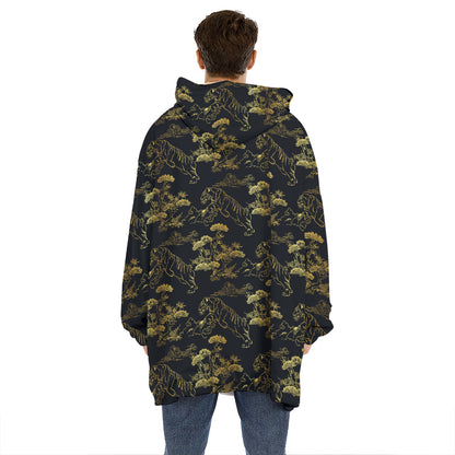 Black And Gold Japanese Tiger Print Hoodie Blanket