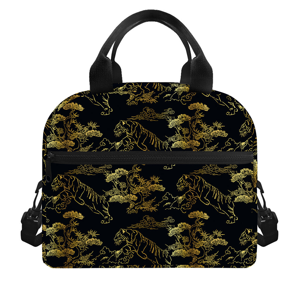 Black And Gold Japanese Tiger Print Insulated Lunch Bag