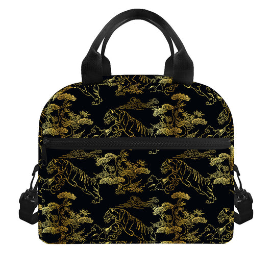 Black And Gold Japanese Tiger Print Insulated Lunch Bag