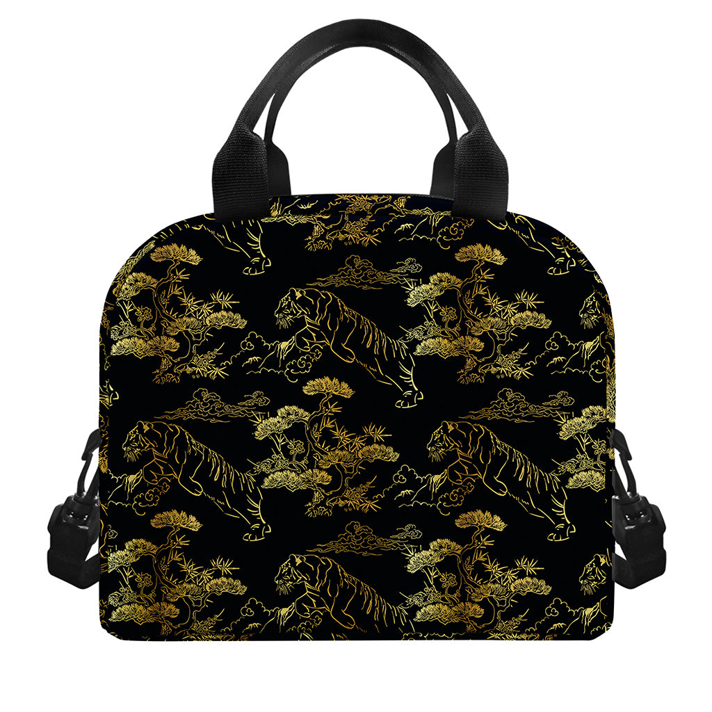 Black And Gold Japanese Tiger Print Insulated Lunch Bag