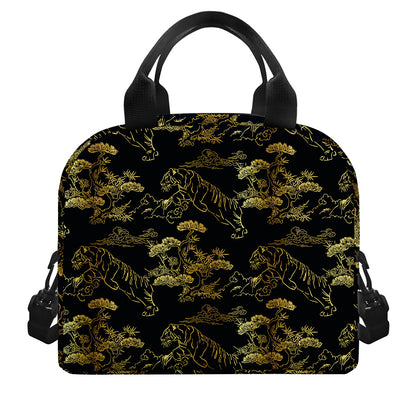 Black And Gold Japanese Tiger Print Insulated Lunch Bag