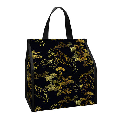 Black And Gold Japanese Tiger Print Insulated Lunch Tote