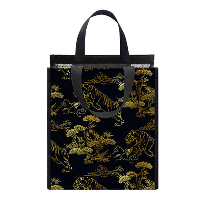 Black And Gold Japanese Tiger Print Insulated Lunch Tote
