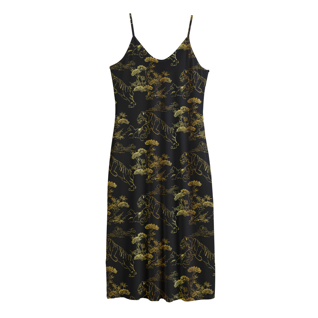 Black And Gold Japanese Tiger Print Jersey Midi Cami Dress