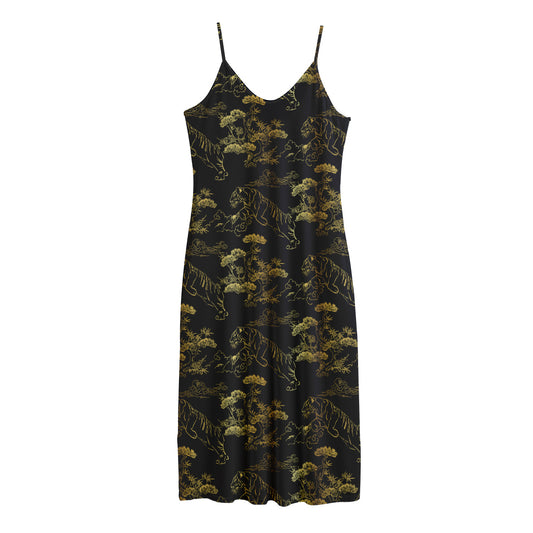 Black And Gold Japanese Tiger Print Jersey Midi Cami Dress
