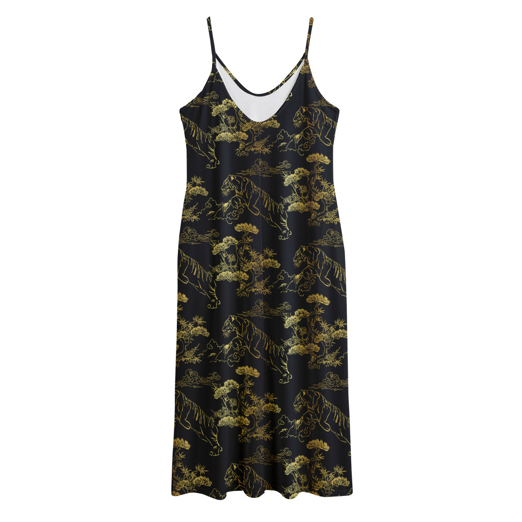 Black And Gold Japanese Tiger Print Jersey Midi Cami Dress