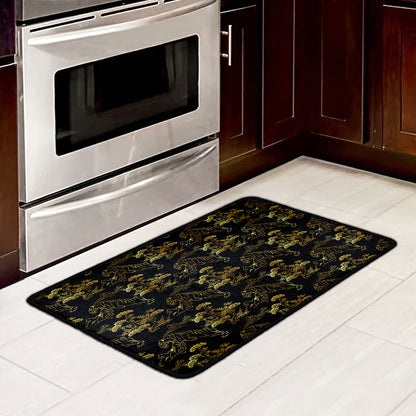 Black And Gold Japanese Tiger Print Kitchen Mat