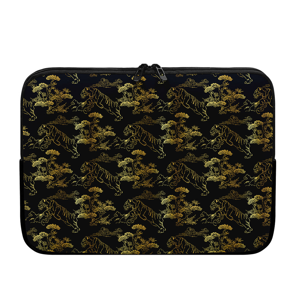 Black And Gold Japanese Tiger Print Laptop Sleeve