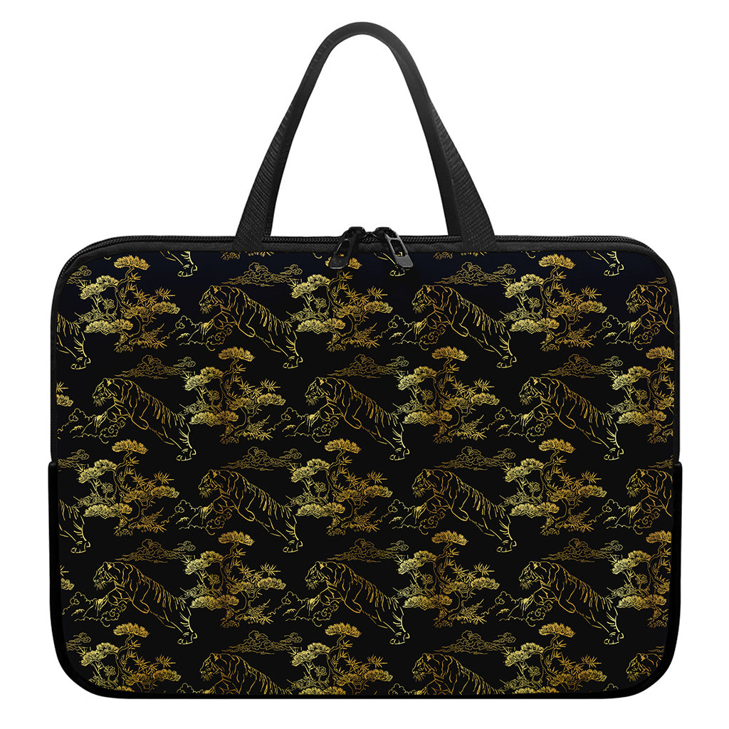 Black And Gold Japanese Tiger Print Laptop Sleeve With Handle