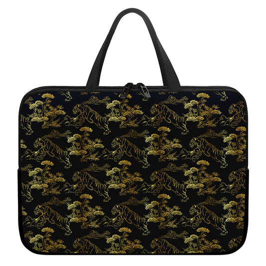 Black And Gold Japanese Tiger Print Laptop Sleeve With Handle