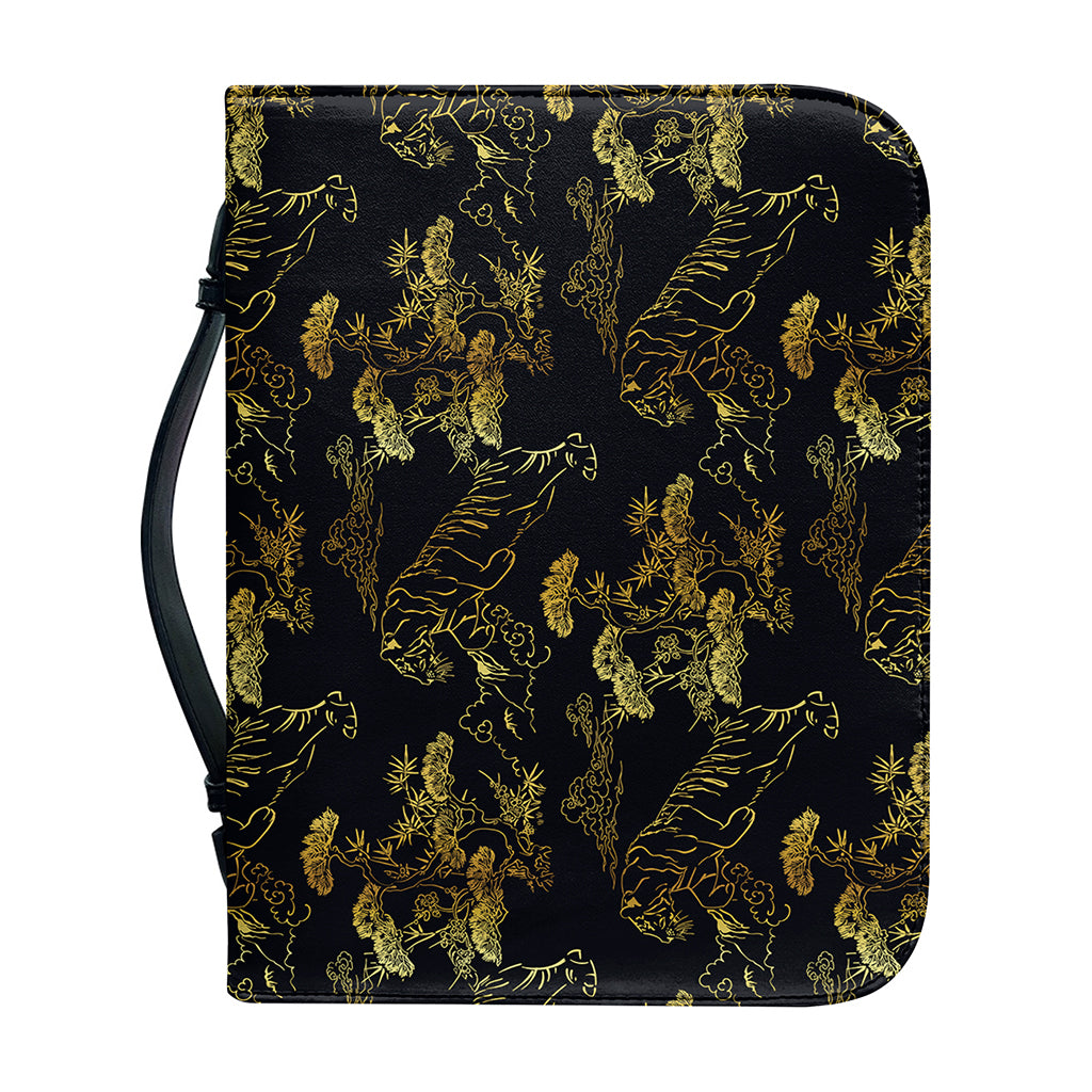Black And Gold Japanese Tiger Print Leather Bible Cover