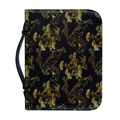 Black And Gold Japanese Tiger Print Leather Bible Cover