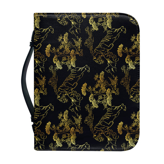 Black And Gold Japanese Tiger Print Leather Bible Cover