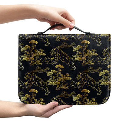 Black And Gold Japanese Tiger Print Leather Bible Cover