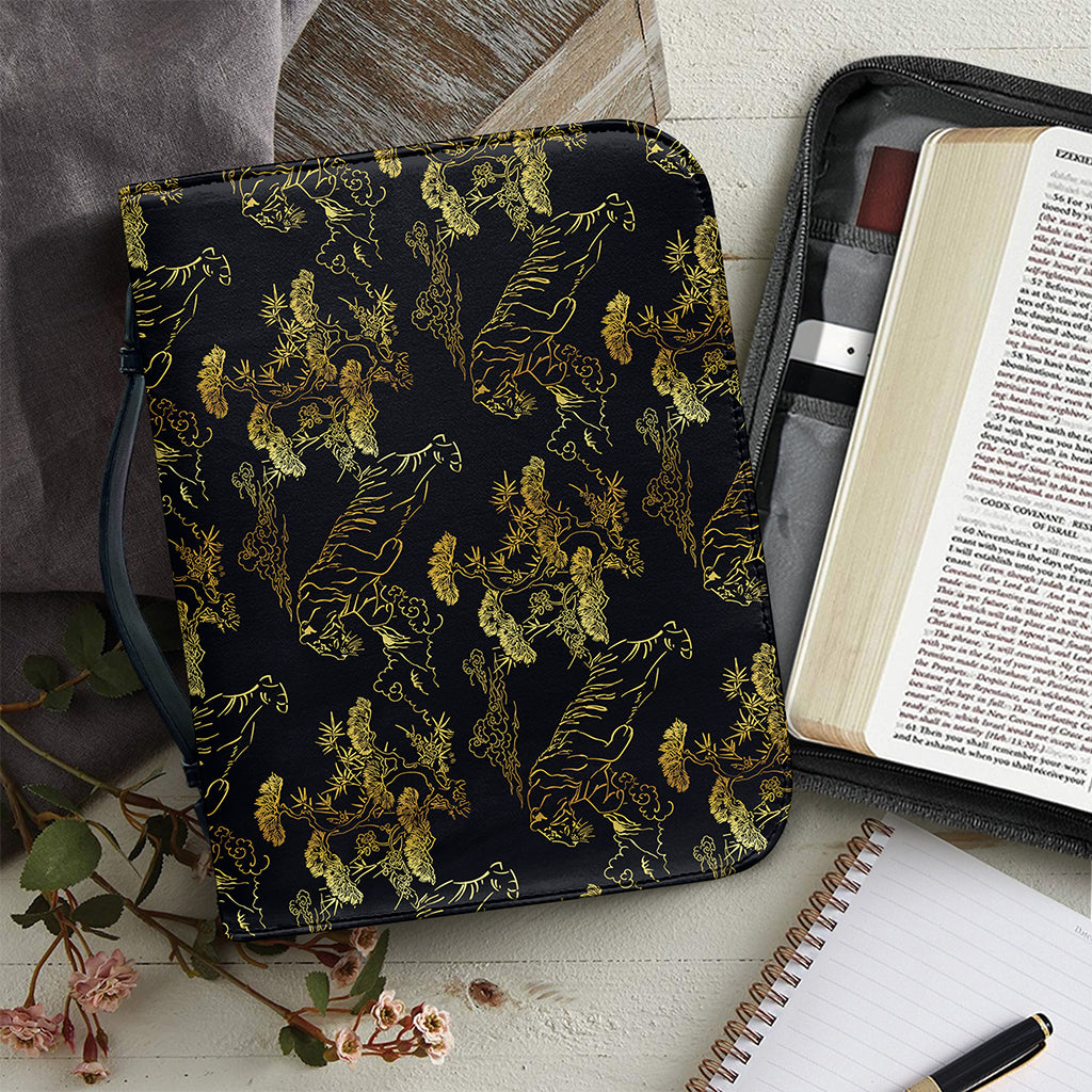 Black And Gold Japanese Tiger Print Leather Bible Cover