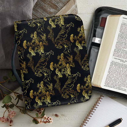 Black And Gold Japanese Tiger Print Leather Bible Cover