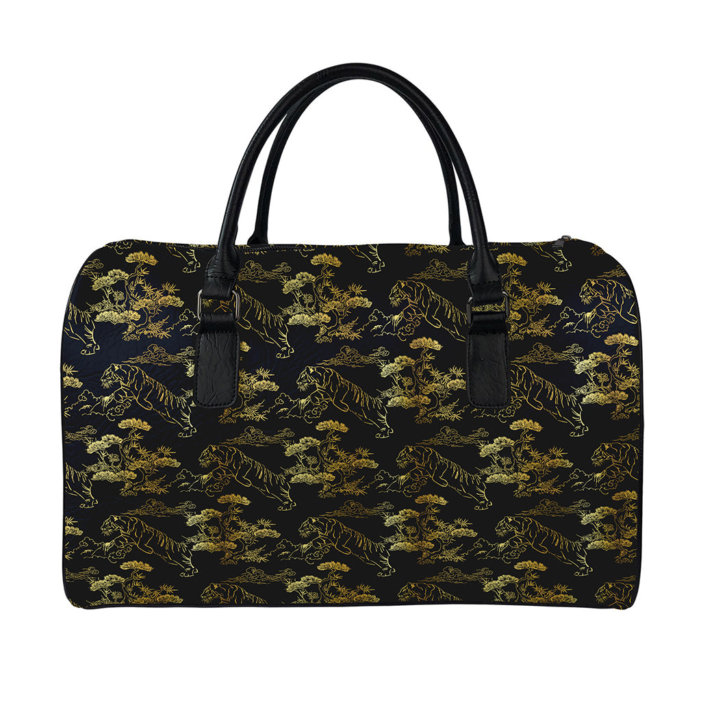 Black And Gold Japanese Tiger Print Leather Duffle Bag