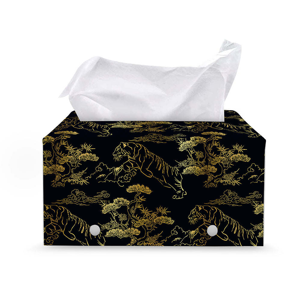 Black And Gold Japanese Tiger Print Leather Tissue Box Cover