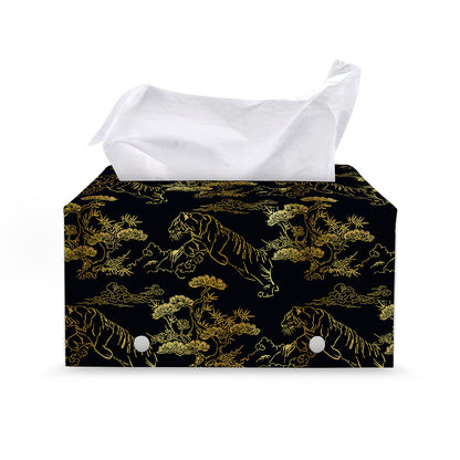 Black And Gold Japanese Tiger Print Leather Tissue Box Cover