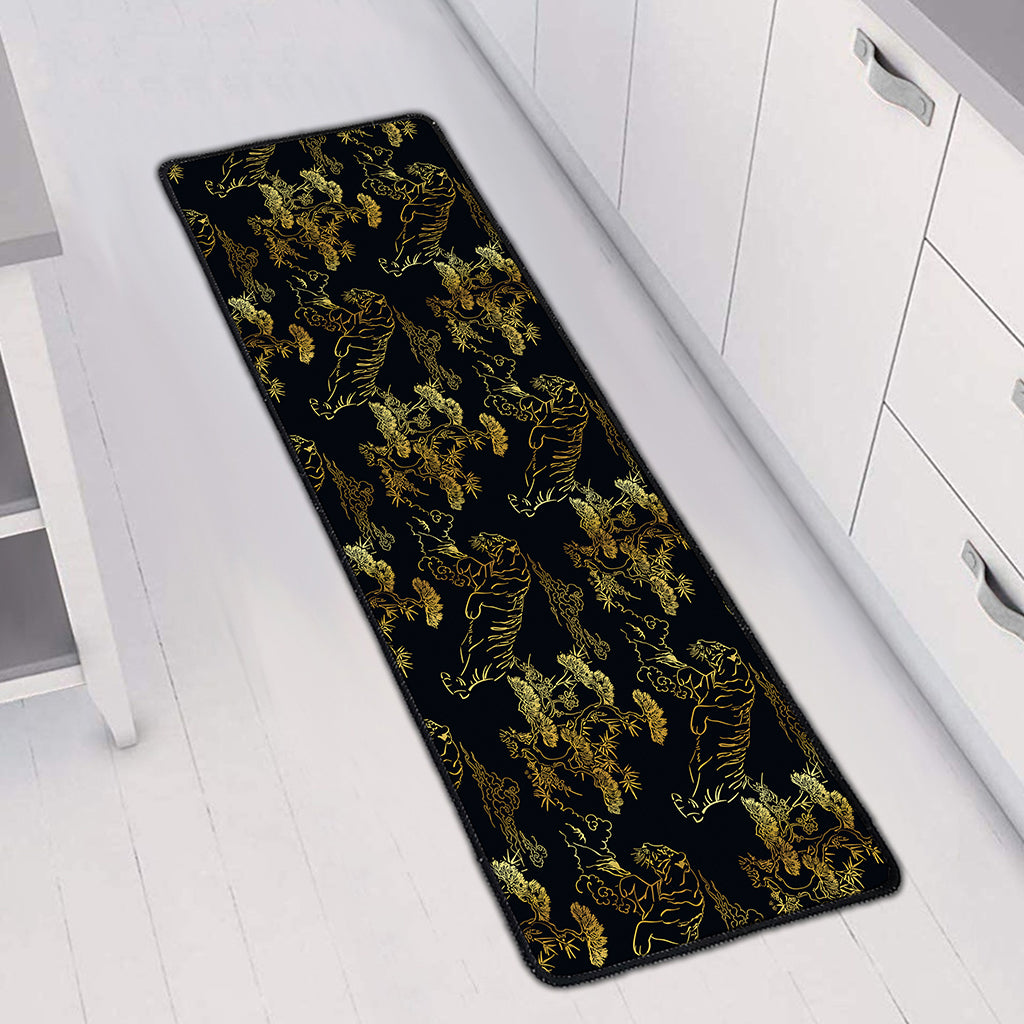 Black And Gold Japanese Tiger Print Long Kitchen Mat
