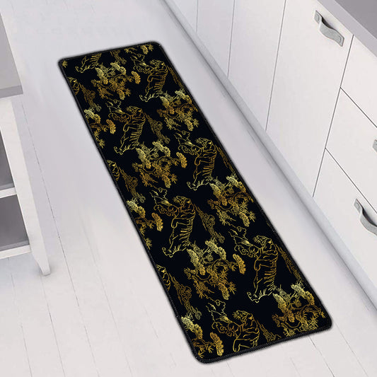Black And Gold Japanese Tiger Print Long Kitchen Mat