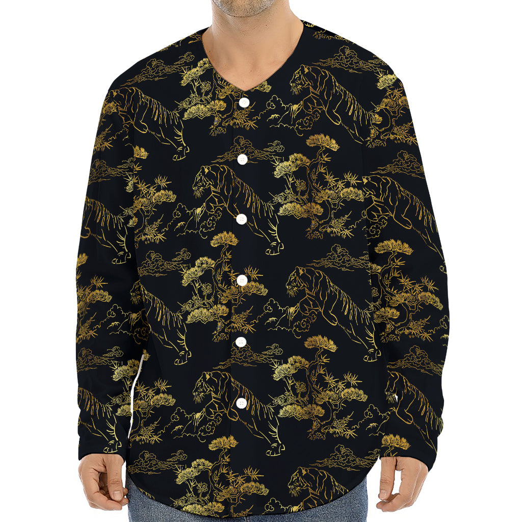 Black And Gold Japanese Tiger Print Long Sleeve Baseball Jersey