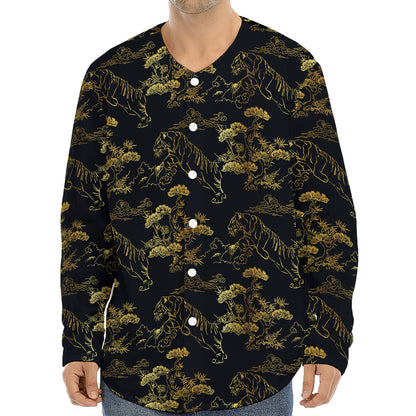 Black And Gold Japanese Tiger Print Long Sleeve Baseball Jersey