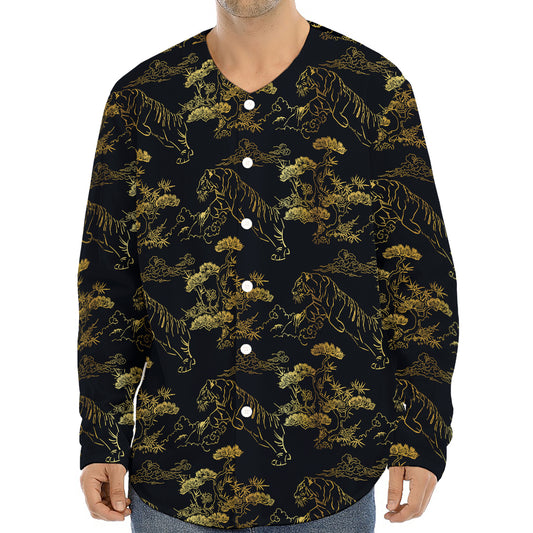 Black And Gold Japanese Tiger Print Long Sleeve Baseball Jersey