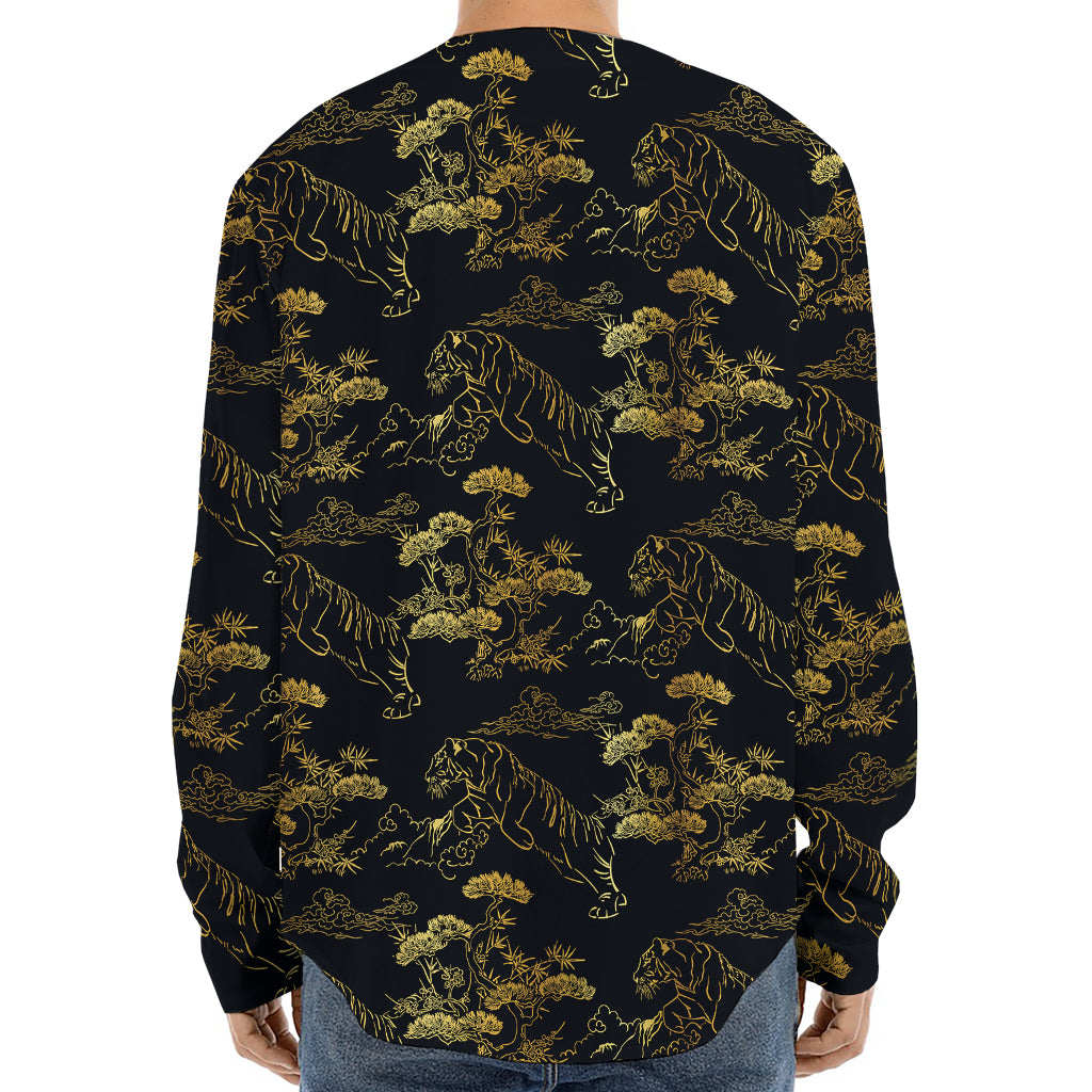 Black And Gold Japanese Tiger Print Long Sleeve Baseball Jersey