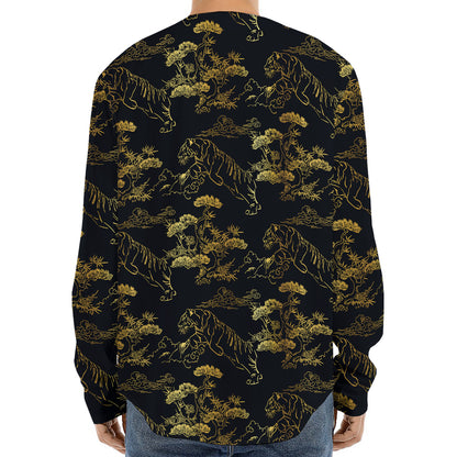 Black And Gold Japanese Tiger Print Long Sleeve Baseball Jersey