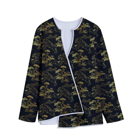 Black And Gold Japanese Tiger Print Long Sleeve Short Coat