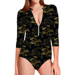 Black And Gold Japanese Tiger Print Long Sleeve Swimsuit